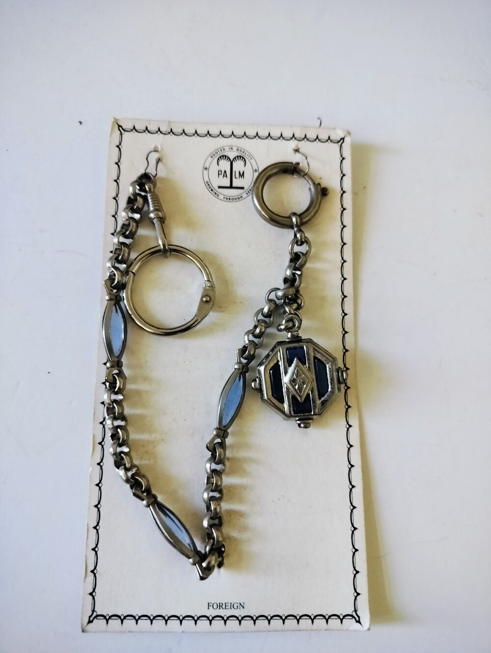 Vintage Art Deco Palm Watch Chain Spinner Fob Set Cobalt Blue Glass NOS On Card